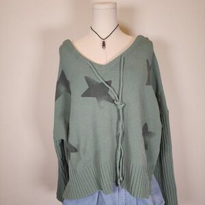 POL Star Print Distressed Knit Hooded Sweater‎ Olive Green Oversized Medium